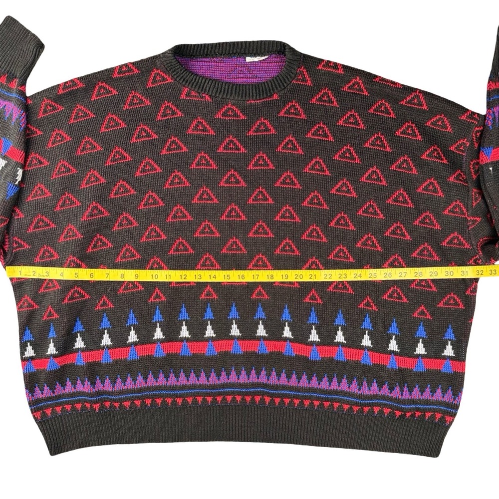 Vintage 90s USA Knit Sweater Geometric Pattern Black Red Blue Mens 1X - Picture 5 of 5